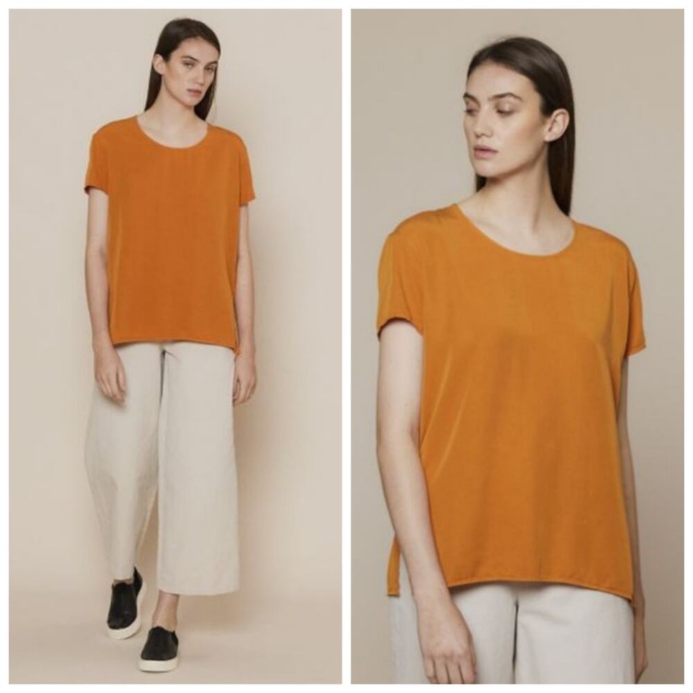 Folk Clothing 100% Lyocell Woven Short Sleeve Side Slit Marigold Crewneck Top
